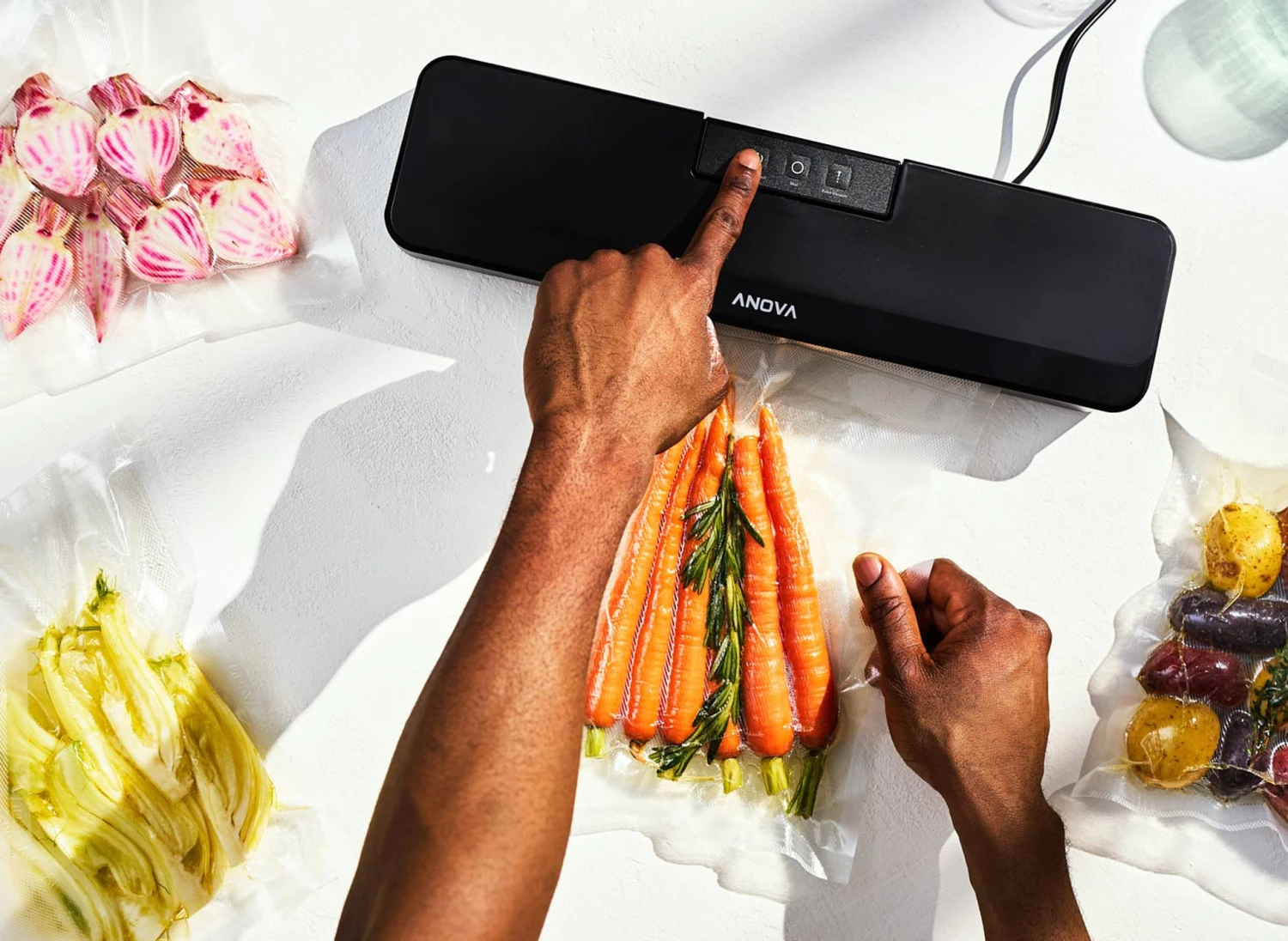 Anova "Precision" Vacuum Sealer Anova "Precision" Vacuum Sealer -Traeger Pellet Grills Vac Sealer with food and hands